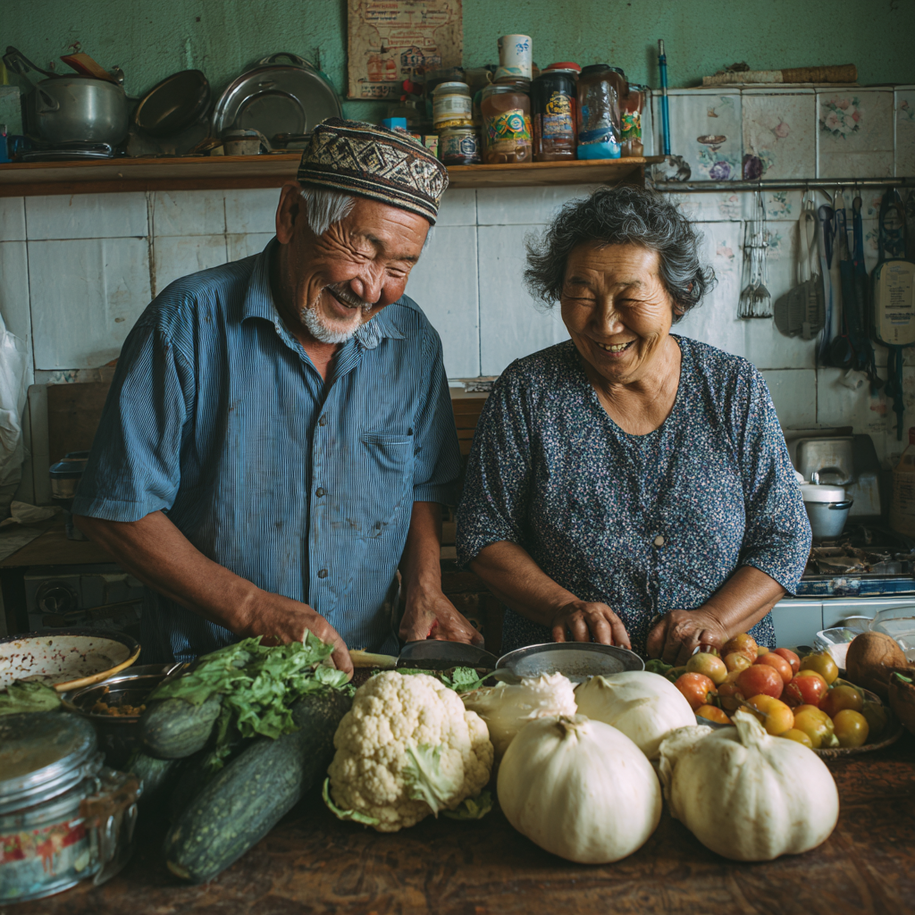 Улыбающаяся пожилая европейская пара держит корзину со свежими овощами и фруктами на солнечной кухне